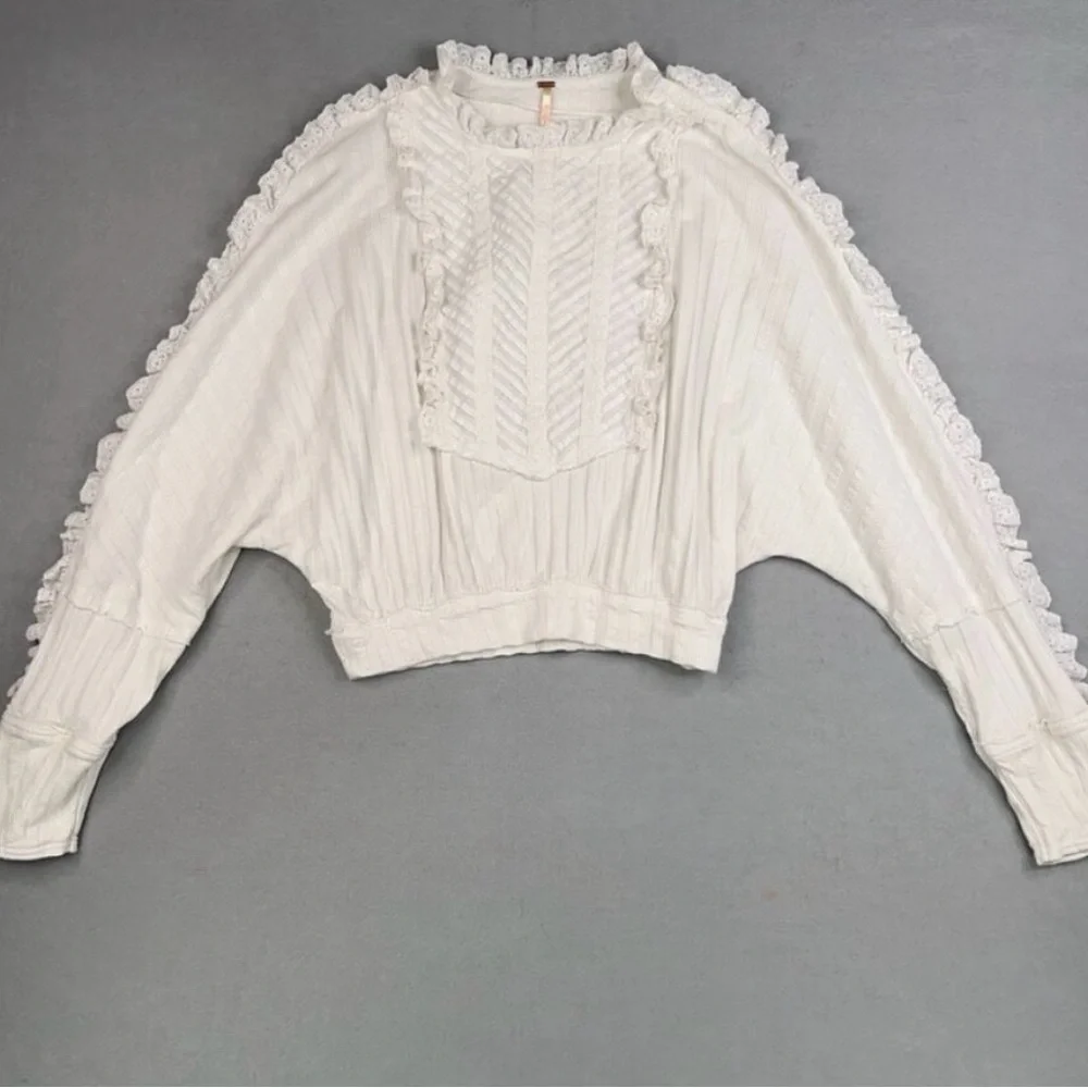 Free People Shirt Womens Medium Ivory More Romance Top Ruffle Eyelet Feminine - Picture 2 of 4